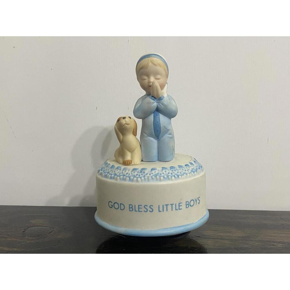Vintage Music Box with Praying Boy and Dog Figurine